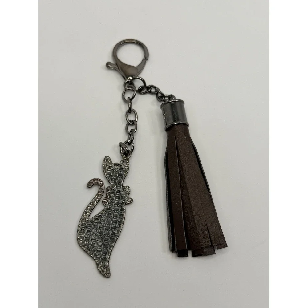 Gun‎ Metal Tone Cat Keychain with Red Bow Brown Tassel Bag Charm Accessory Goth